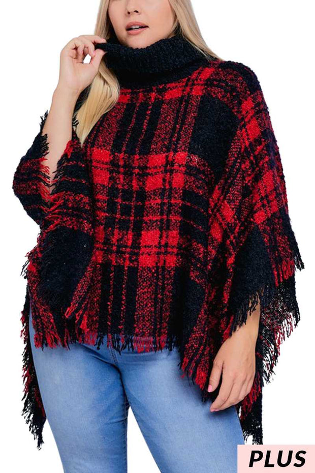 SALE!! OT-A {Secret Obsession} Red Navy Plaid Knit Poncho PLUS SIZE