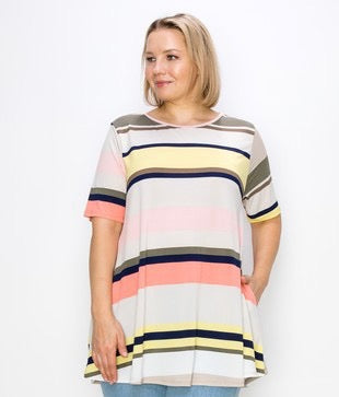 SALE!! 23 PSS-M {Trading Secrets} Taupe/Yellow Stripe Top PLUS SIZE XL 2X 3X