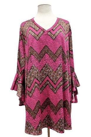 SALE!! 26 PQ {Always Here} Fuchsia/Brown Floral Zig Zag Print Top EXTENDED PLUS SIZE 4X 5X 6X