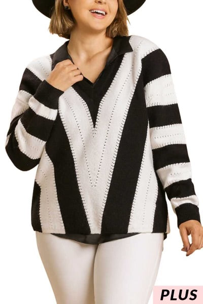 SALE! 56 PLS-B {Insider Information} "Umgee"  Black/White Sweater PLUS SIZE XL 1X 2X