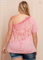 87 OS-A {Honey Punch}  Washed Fuchsia Double Fringed Top PLUS SIZE 1X 2X 3X