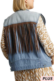 20 OT-U  {Little Fringe} Umgee Denim Vest w/Brown Fringe  PLUS SIZE XL 1X 2X