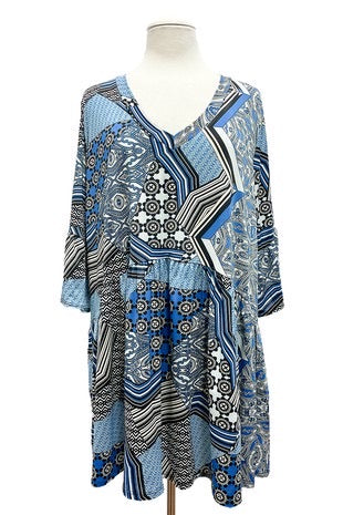 SALE!! 30 PSS-I {Blue On My Mind} Blue Mixed Print Babydoll Top EXTENDED PLUS SIZE 3X 4X 5X