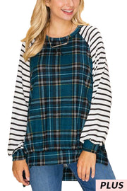 SALE!!   22 CP-T {Gotta Get Out} Blue Plaid White Striped Sleeve Top  PLUS SIZE XL 2X 3X