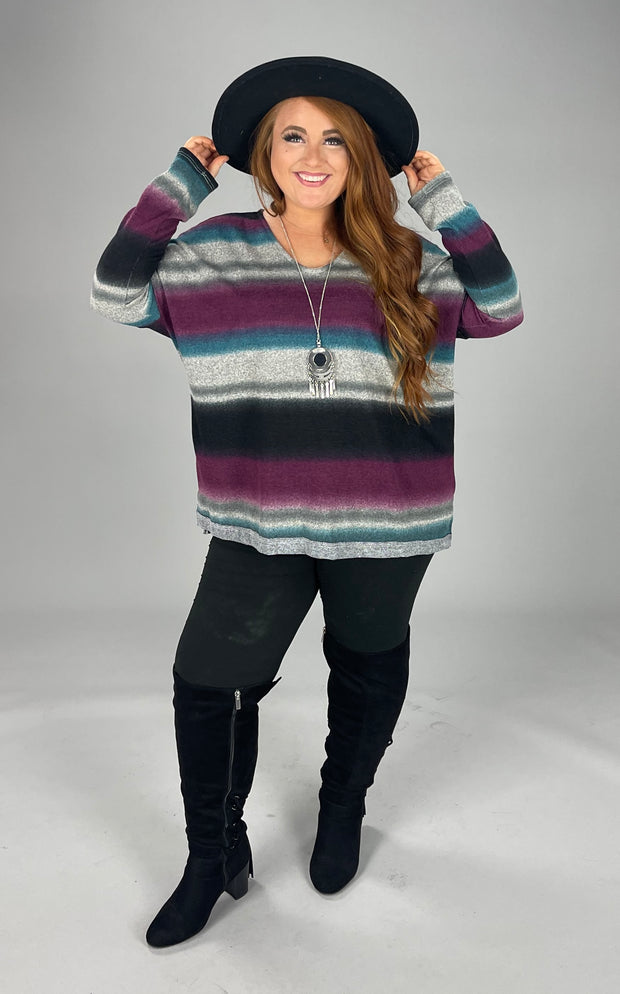 SALE!! 73 PLS-R {Love Me More} Plum Striped V-Neck Top SALE!!!   PLUS SIZE 1X 2X 3X