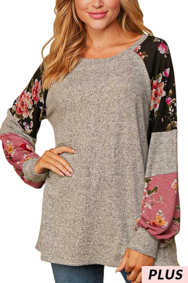 72  CP-E {Good Decision} Heather Grey Black Floral Top PLUS SIZE XL 2X 3X