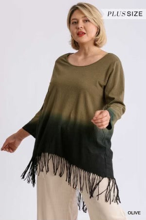 SALE!! 57 PQ-Z {Fringe Says It All} UMGEE Olive Ombre Tunic W/Fringe PLUS SIZE XL 1X 2X