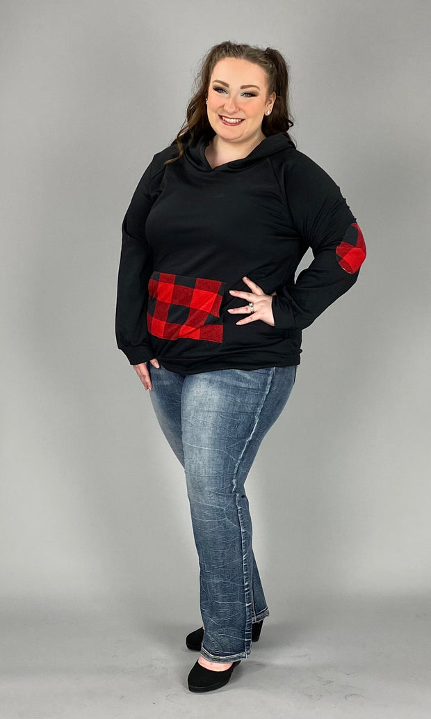 37 HD-B {Feelings For You} Black Red Plaid Detail Hoodie  PLUS SIZE XL 2X 3X