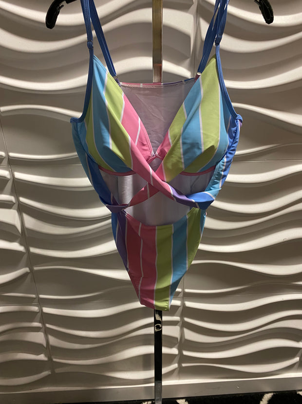 SWIM-D {Bright Sea Swim} Multi-Color Stripe Print Swimsuit PLUS SIZE 3X