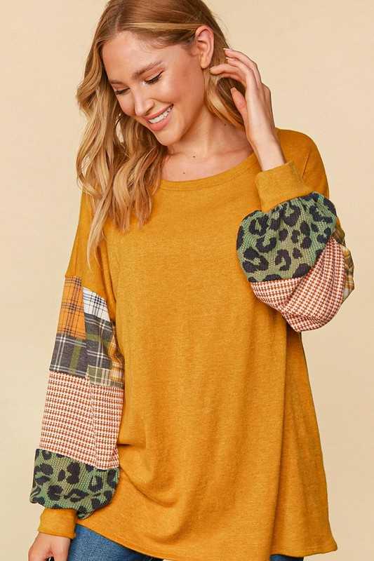 SALE!! 12 CP {Secret Love} Mustard Top w/Multi-Print Sleeves PLUS SIZE XL 2X 3X