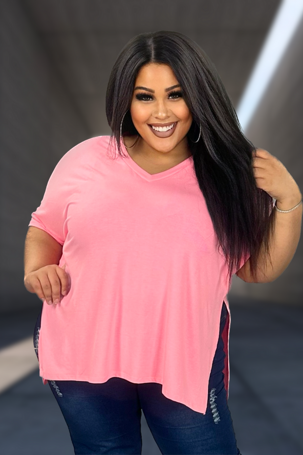 91 SSS-D {You Deserve This} Bright Pink V-Neck Oversized Top PLUS SIZE 1X 2X 3X