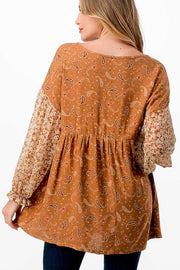 SALE!! 28 CP {Girl On The Go} Camel Paisley Print Top w/Floral Sleeves PLUS SIZE 1X 2X 3X