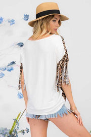 27 CP-J {Landing On Cue} Ivory/Leopard Fringe Top PLUS SIZE XL 2X 3X