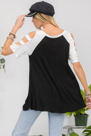 61 OS-A {Ladder Fun} Black/Ivory Ladder Sleeve Top PLUS SIZE XL 2X 3X