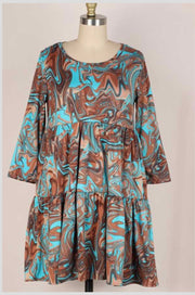 35  PQ-B {My Teal Swirl} Brown/Teal Tiered Dress PLUS SIZE 1X 2X 3X