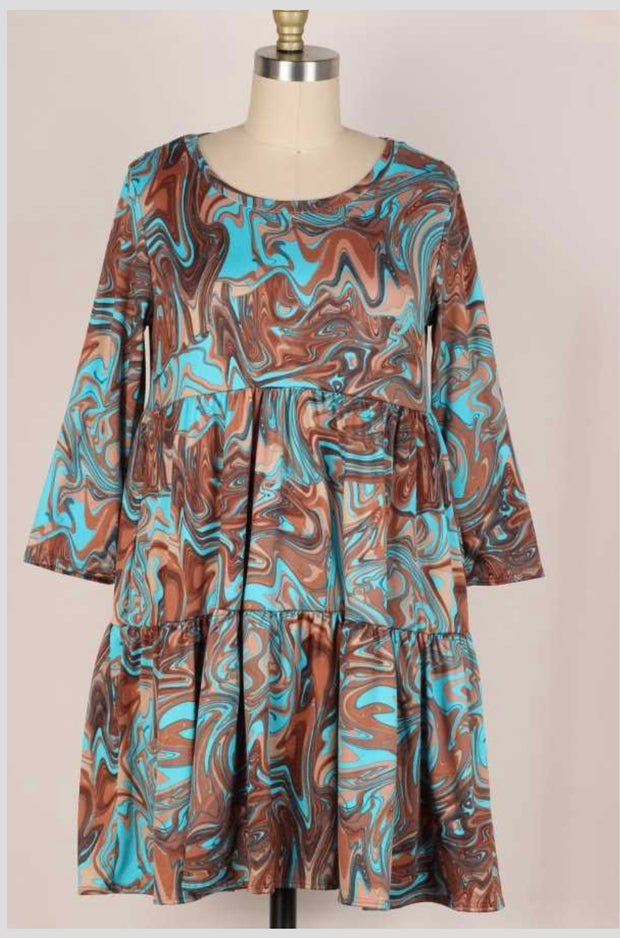 35 PQ-B {My Teal Swirl} Brown/Teal Tiered Dress PLUS SIZE 1X 2X 3X