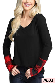 66 CP-A {Something Good} Black V-Neck Top w/Red Plaid Sleeve  PLUS SIZE 1X 2X 3X