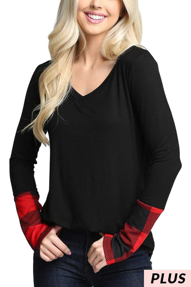 66 CP-A {Something Good} Black V-Neck Top w/Red Plaid Sleeve  PLUS SIZE 1X 2X 3X