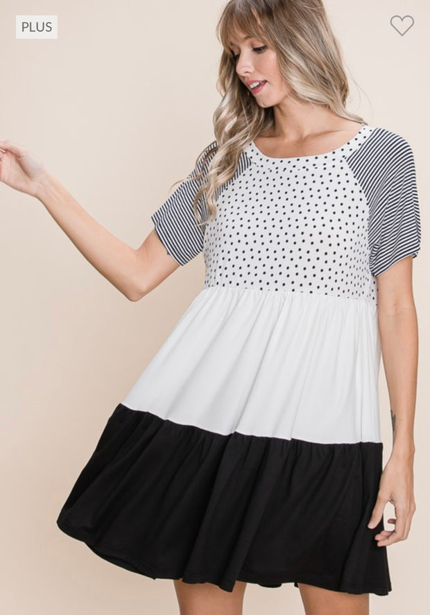 96 CP-Z {Looking For Peace} Ivory Polka Dot/Stripe Dress PLUS SIZE 1X 2X 3X