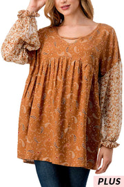 SALE!!  28 CP {Girl On The Go} Camel Paisley Print Top w/Floral Sleeves PLUS SIZE 1X 2X 3X