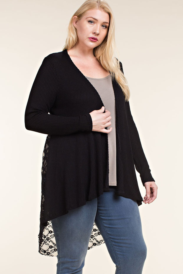 25 OT {Who You Are} VOCAL Black Waffle Knit Lace Back Cardigan PLUS SIZE XL 2X 3X