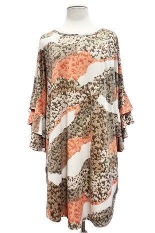 SALE!!  40 PQ {Miles To Go} Coral/Taupe Metallic Print Tunic PLUS SIZE 1X 2X 3X