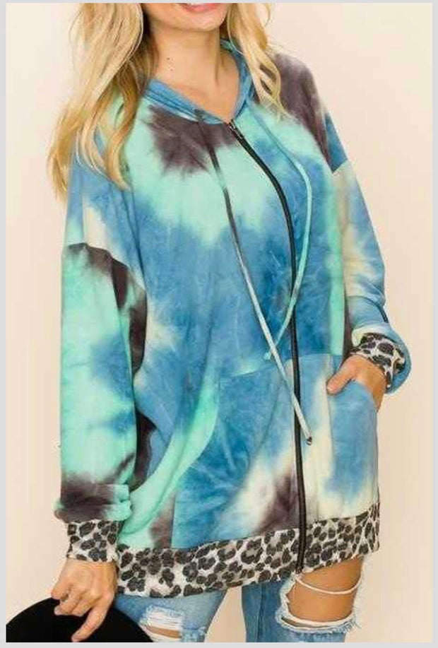 51 OT-E {Little Leopard} Blue Mint Tie Dye Leopard Trim Jacket Plus Size XL 2X 3X