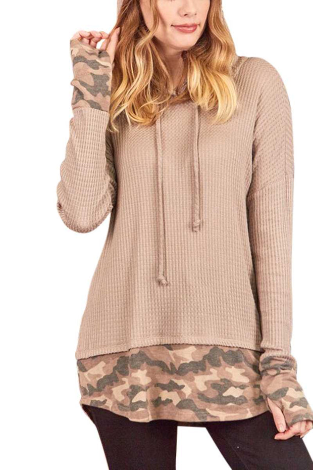 SALE! 15 HD {Always Calm} Taupe Waffle Knit Hoodie w/Camo Trim PLUS SIZE XL 2X 3X