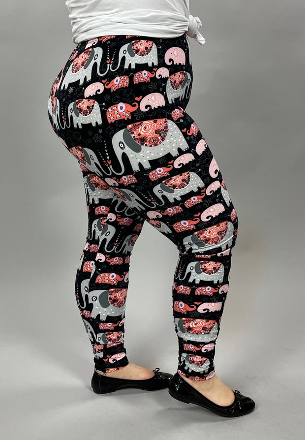 LEG-30 {Marching Elephants}  Elephant Print Leggings EXTENDED PLUS SIZE 3X/5X