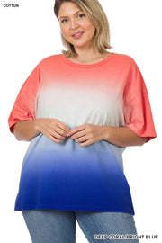 96 PSS-L {The Only Way} Coral/Blue Dip Dye Top PLUS SIZE 1X 2X 3X