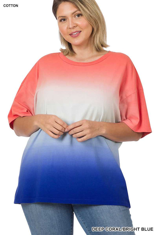 96 PSS-L {The Only Way} Coral/Blue Dip Dye Top PLUS SIZE 1X 2X 3X