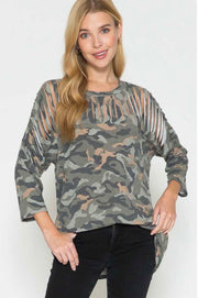 SALE! 12 PQ-D {On A Mission} Green Camo Top W/Neck Detail PLUS SIZE 1X 2X 3X