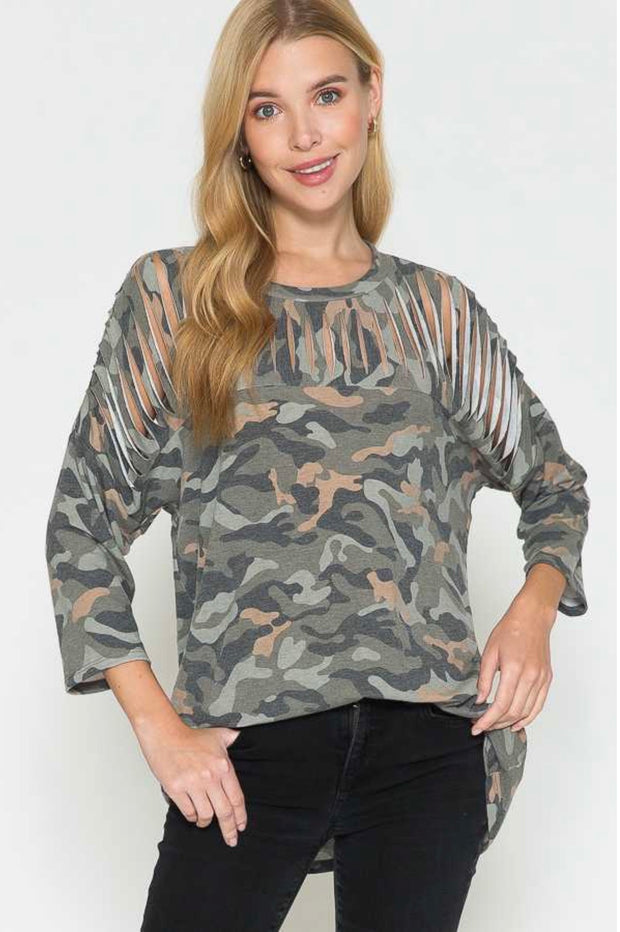 12 PQ-D {On A Mission} Green Camo Top W/Neck Detail PLUS SIZE 1X 2X 3X