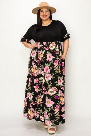 SALE!! LD-Z {Elegant Garden} Black/Pink Floral Print Maxi Dress EXTENDED PLUS SIZE 3X 4X 5X