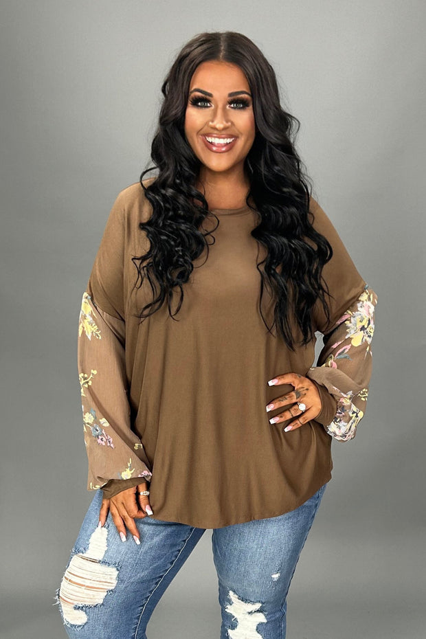 27 PLS {Pick A Flower} Mocha Top w/ Sheer Floral Sleeves PLUS SIZE 1X 2X 3X