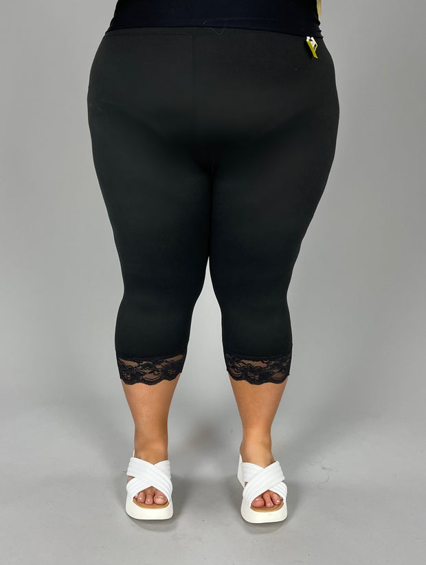 LEG-78 {Paris Mode} Black Lace Hem Capri Leggings CURVY BRAND!!! EXTENDED PLUS SIZE XL 2X 3X 4X 5X 6X (True To Size}