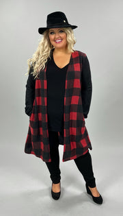 35   OT-B {Keep Me Honest} Red/Black Plaid Long Cardigan Plus Size 1X 2X 3X