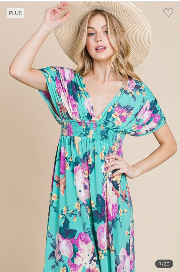 LD-F {Mellow Moment} Emerald Floral Smocked Maxi Dress PLUS SIZE 1X 2X 3X