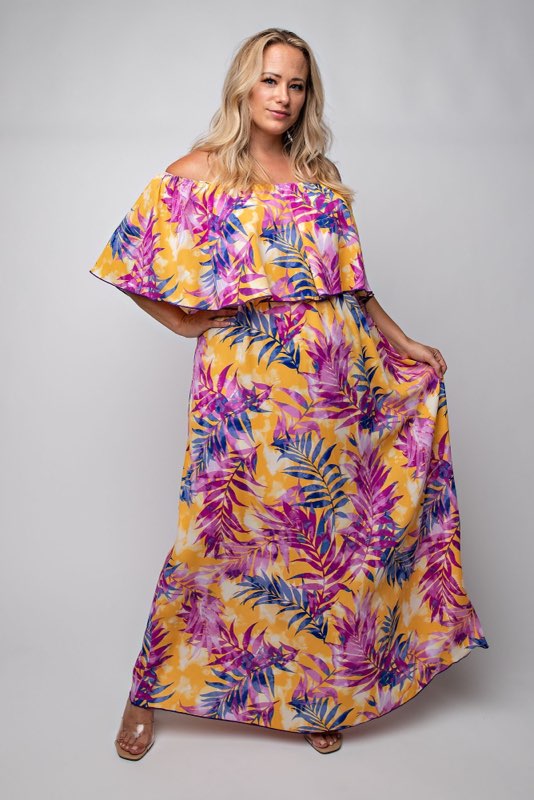 LD-A {Waiting On Love} Yellow/Orange Leaf Print Maxi Dress PLUS SIZE 1X 2X 3X