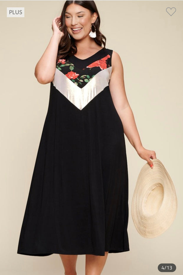 SALE!! LD-P {Over The Bridge} Black Floral Lame` Maxi Dress PLUS SIZE 1X 2X 3X