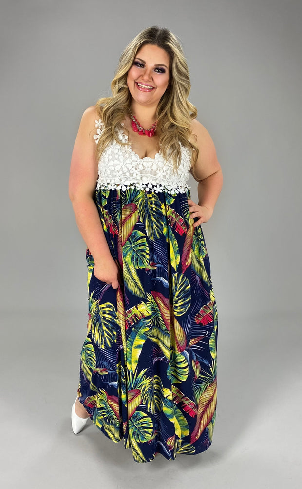 SALE!! LD-C {Elegant Tropics} Lace/Multi-Color Tropical Print Dress PLUS SIZE 1X 2X 3X