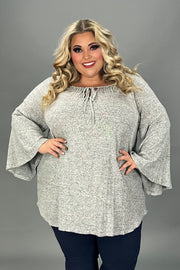 33 SQ {Ticket To Cozy} Heather Grey Top w/Neck Tie PLUS SIZE XL 2X 3X