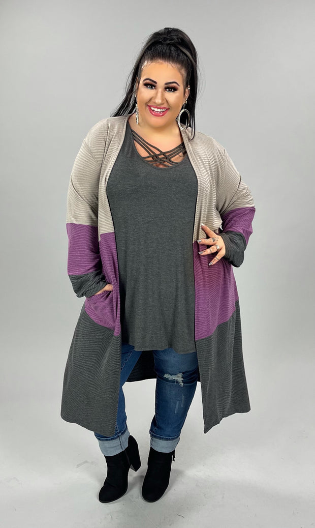 36  OT-F {Wave Effect} Purple Stripe  Long Cardigan PLUS SIZE 1X 2X 3X