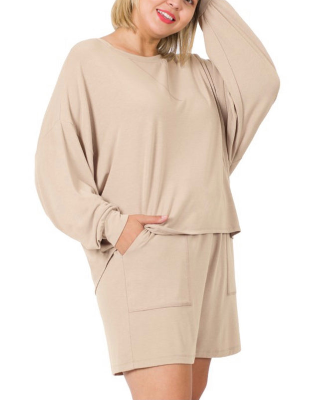 SALE!! 21 SET-L {The Good Life} Mocha Long Sleeve Short Set Plus Size 1X 2X 3X