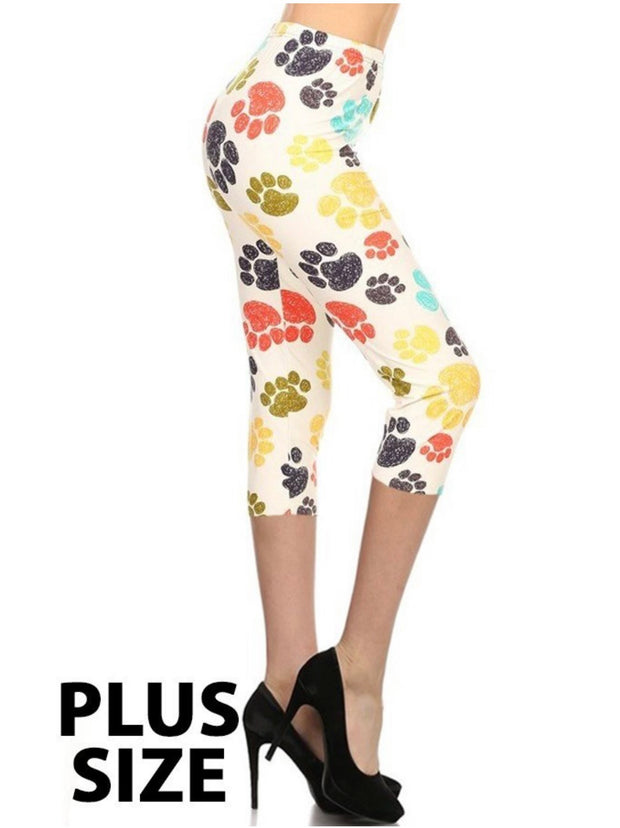 LEG-E {Ruff Ruff} Cream Paw Print Butter-Soft Capri Leggings  PLUS SIZE