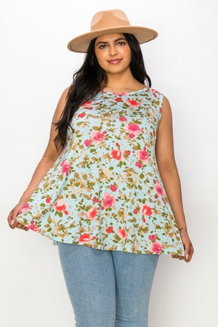 SALE!! 25 SV-H {Flowers Make Me Happy} Mint Floral Sleeveless Top PLUS SIZE XL 2X 3X