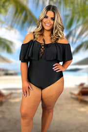 SWIM-A {Caribbean Crush} Black Ruffle One Piece Swimsuit PLUS SIZE 2X