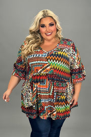 14 PSS-M {Happy Habits} Red/Multi Print V-Neck Babydoll Top EXTENDED PLUS SIZE 3X 4X 5X