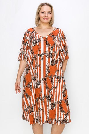 SALE! 92 PSS-S {Romance Ready} Rust Print V-Neck Dress EXTENDED PLUS SIZE 3X 4X 5X