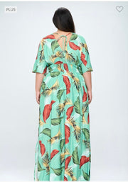 SALE!! LD-D {Island Escape} Lt Green Palm Printed Lined Dress PLUS SIZE XL 2X 3X